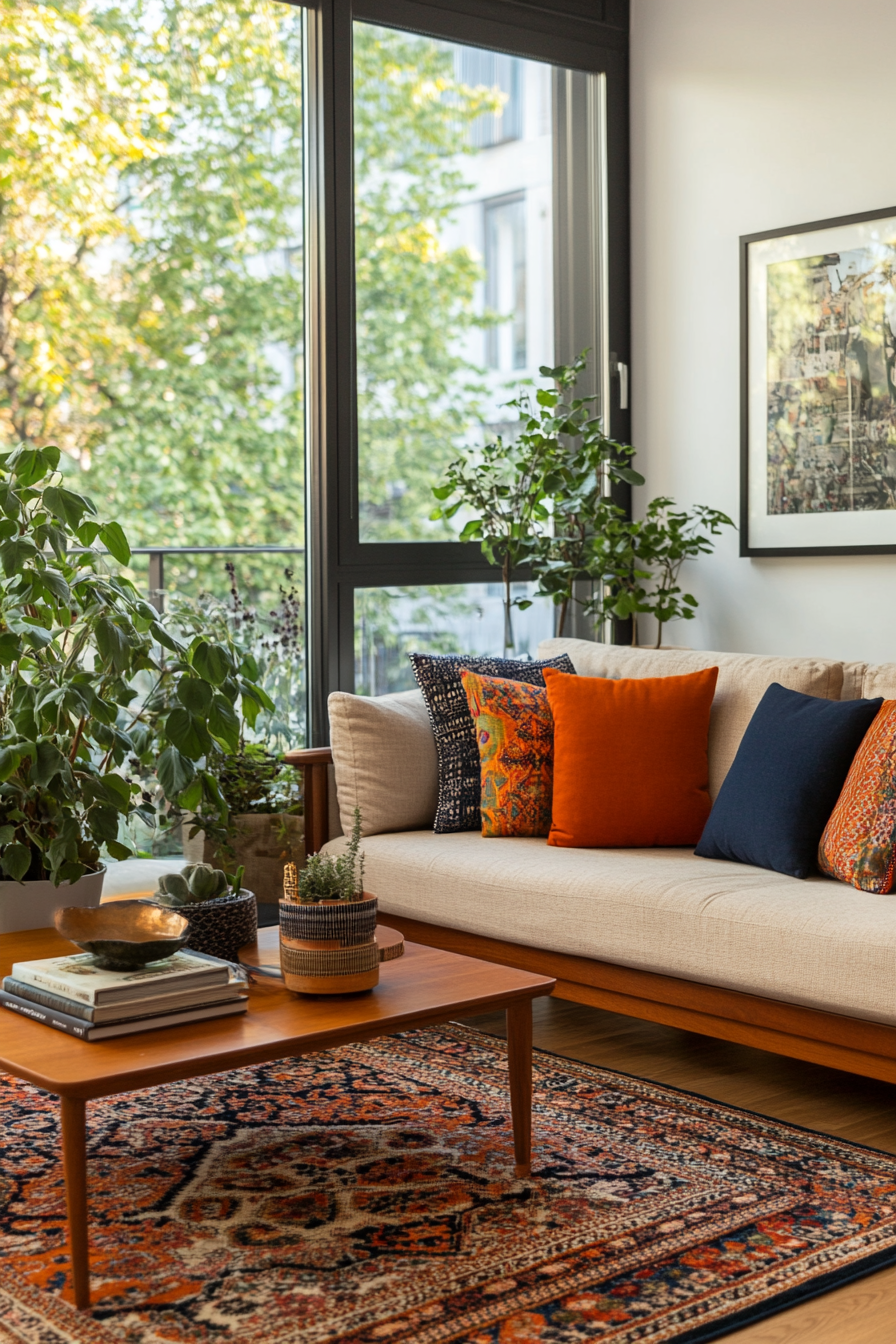 Layered rugs and contrasting textures in a Boho Mid-Century living room
