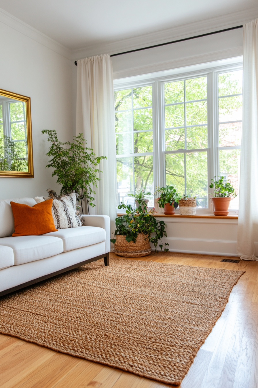 Bright living room with natural light and greenery