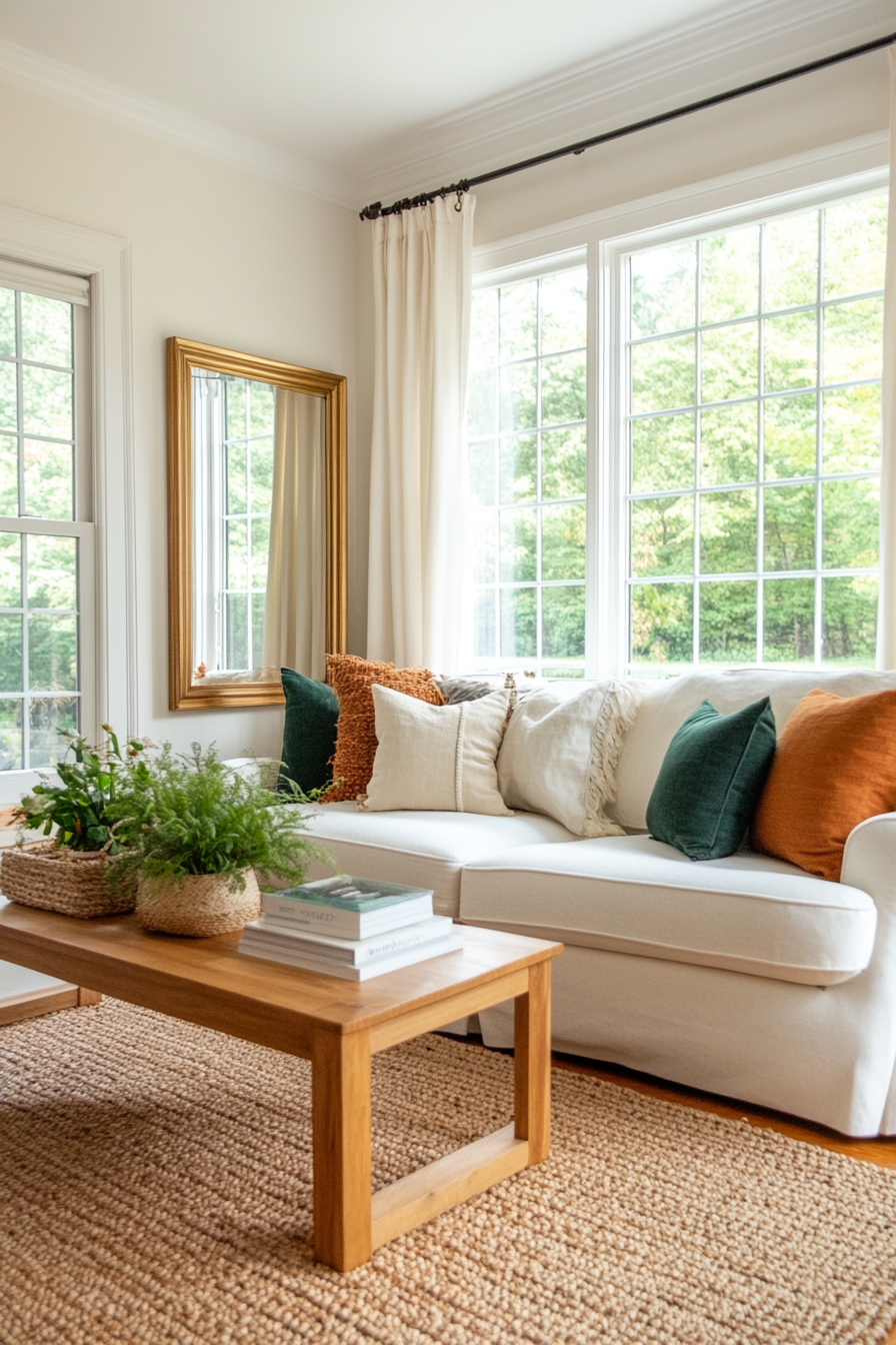 Light, airy curtains and mirrors enhancing space and light in a Boho Mid-Century living room