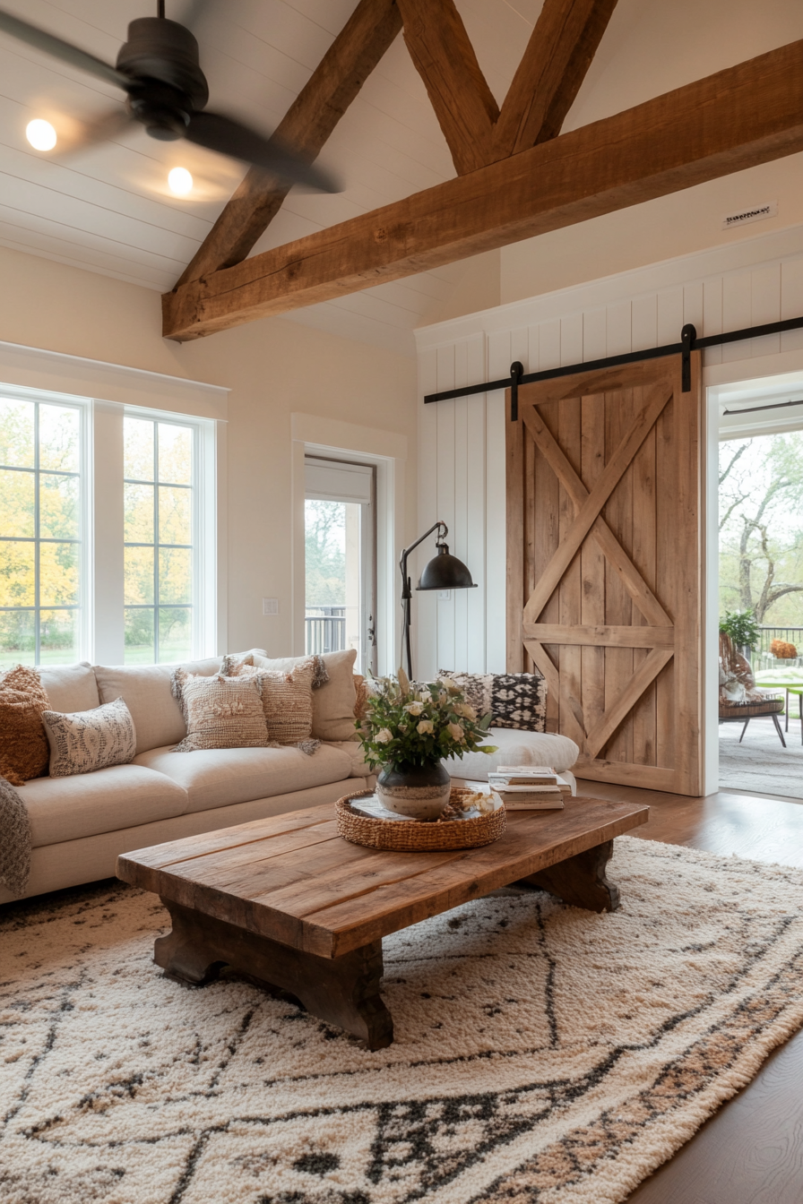Reclaimed wood and rustic decor in a Boho Mid-Century living room