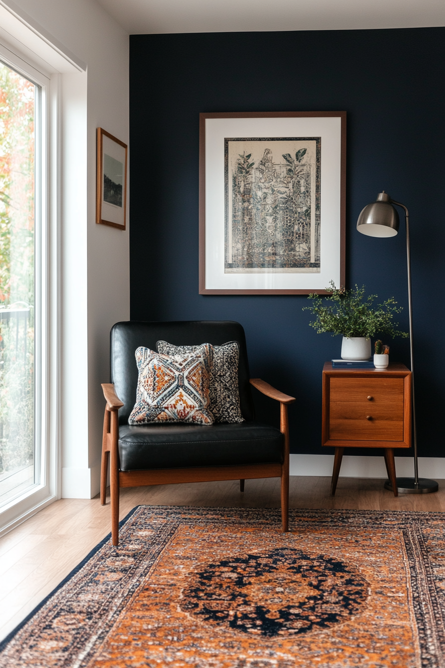 Dark furniture and moody accents in a Boho Mid-Century living room