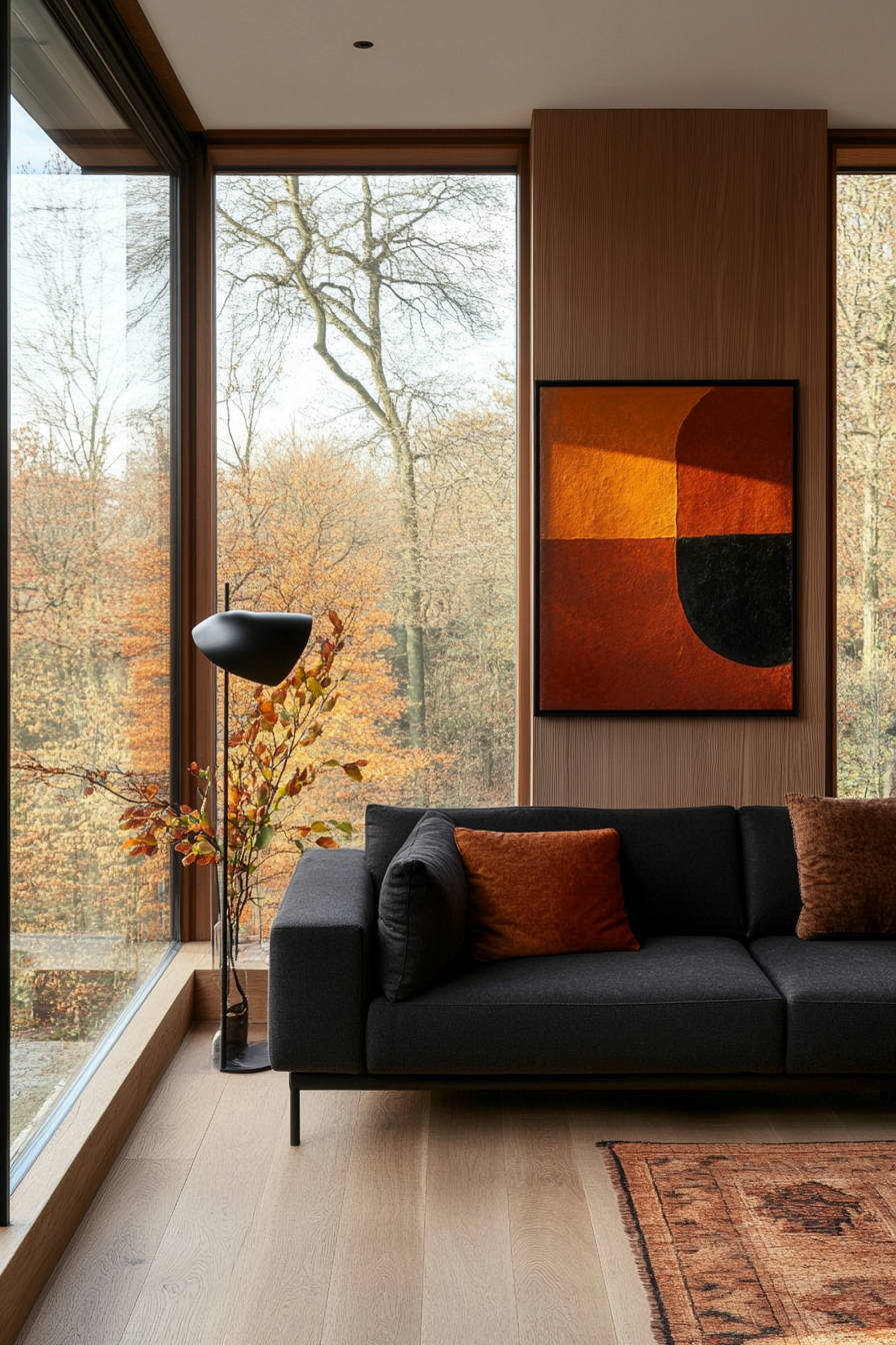Minimalist room with clean lines and a sculptural lamp