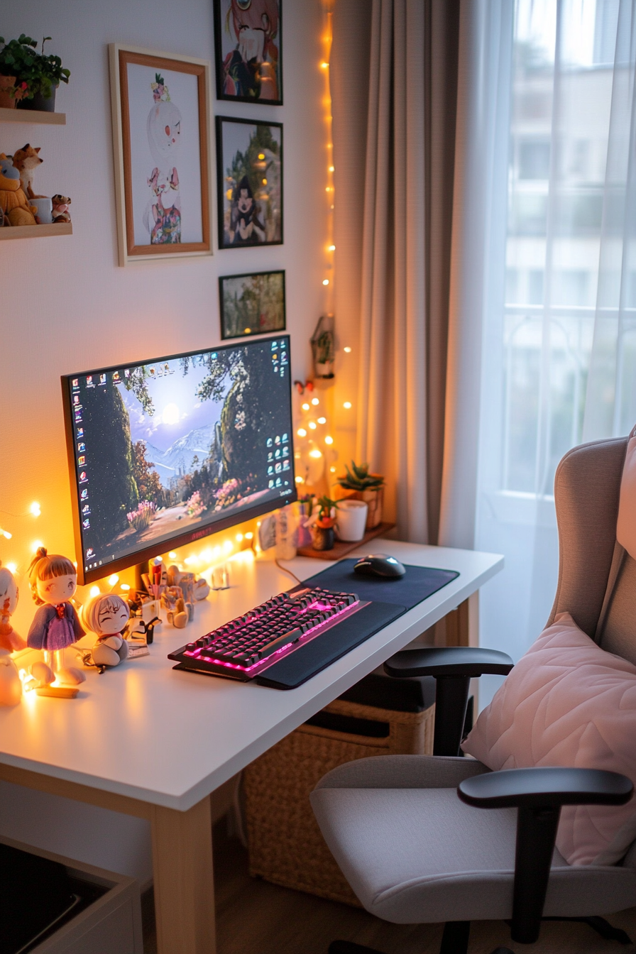 Cozy girl gaming setup with pastel accents