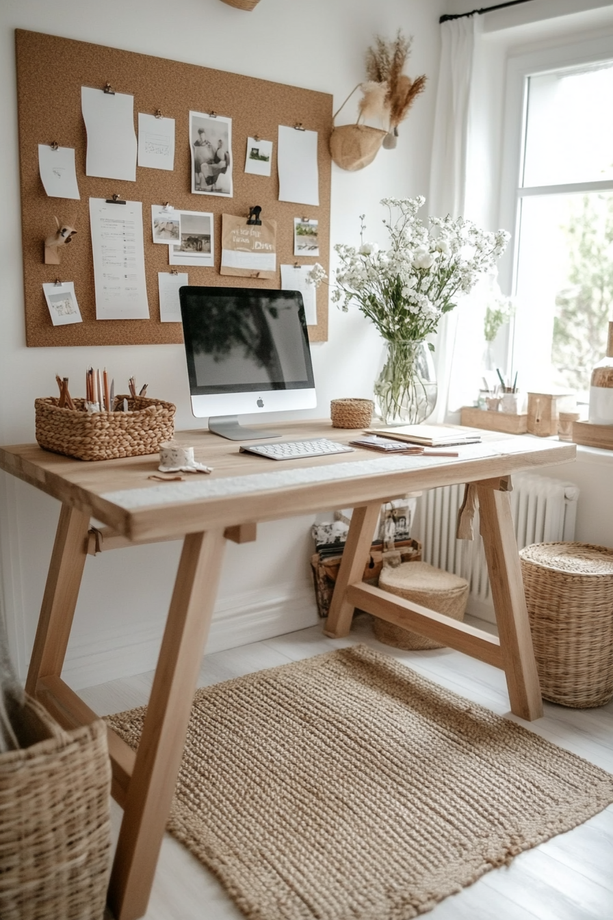 Balanced aesthetic desk with pastel tones and minimal accessories