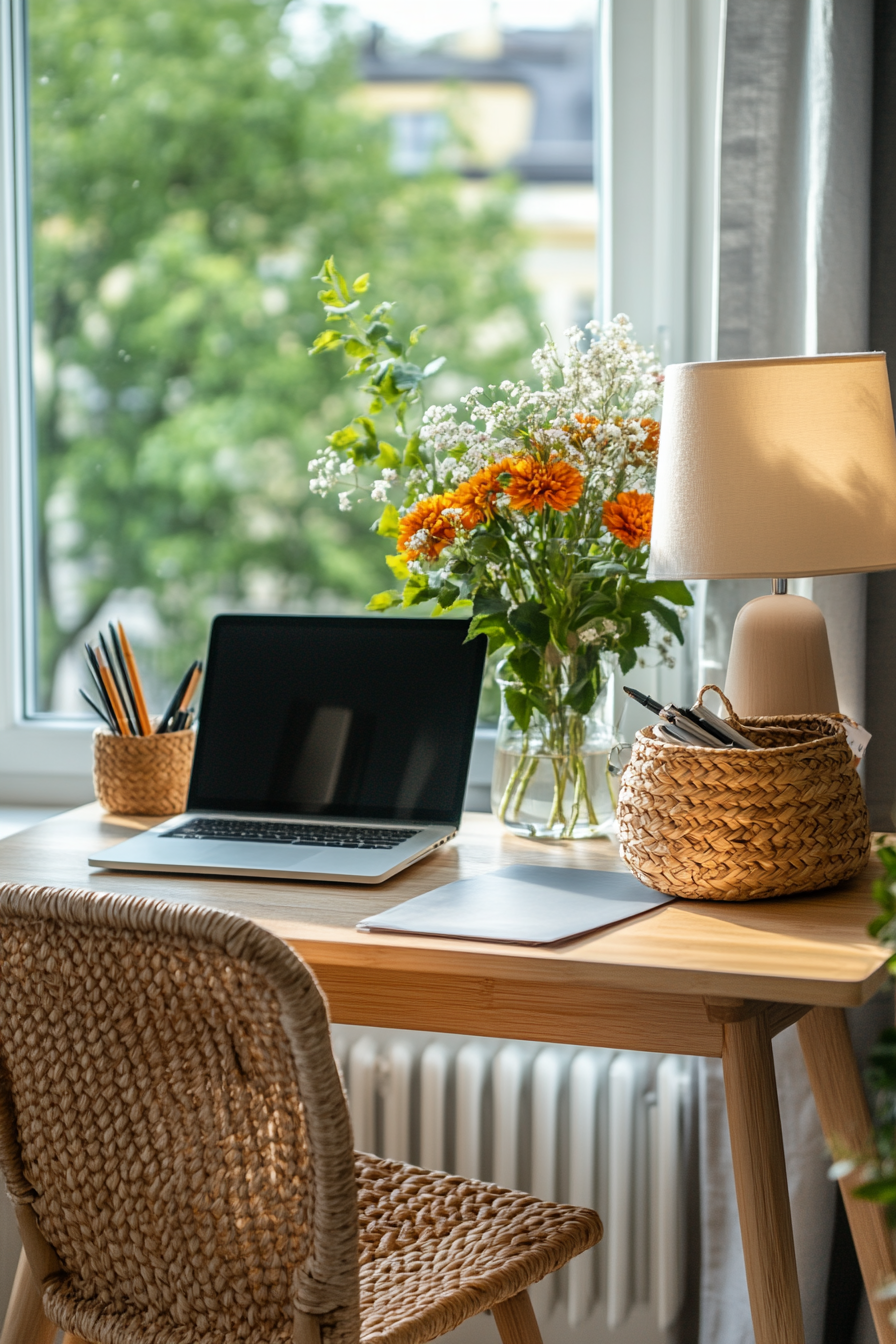 Ideal desk decor with neutral tones and stylish accessories