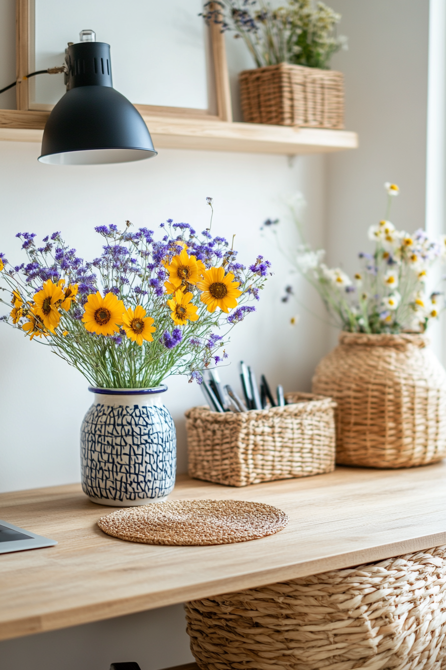Minimal decor with greenery and cozy accents for a welcoming desk setup