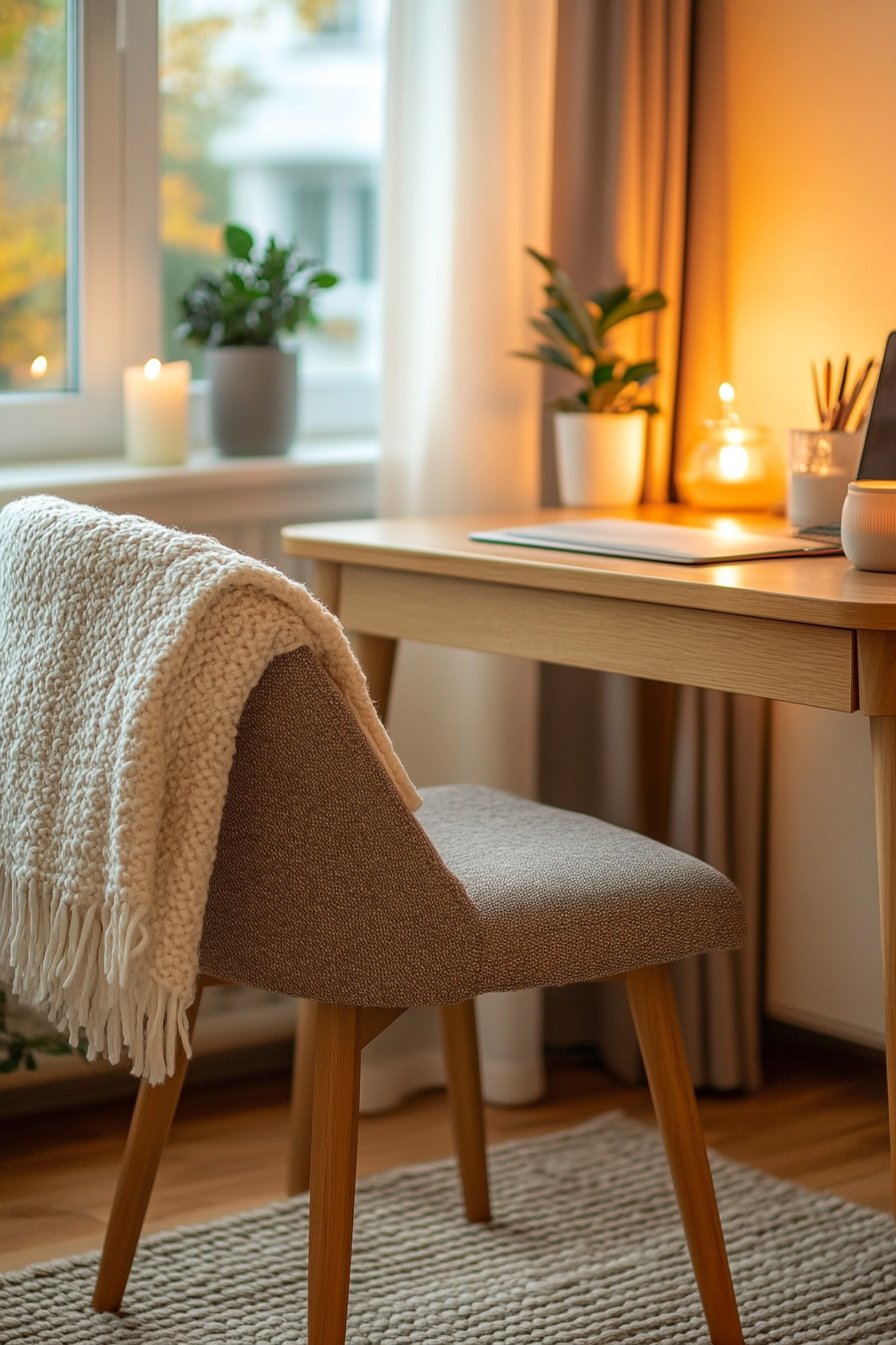 Extra cozy desk setup with warm neutrals and soft textures