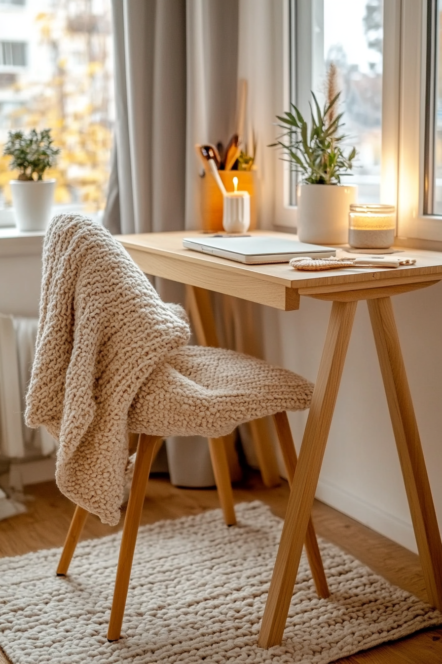 Warm-toned cozy desk setup with rustic elements and soft lighting