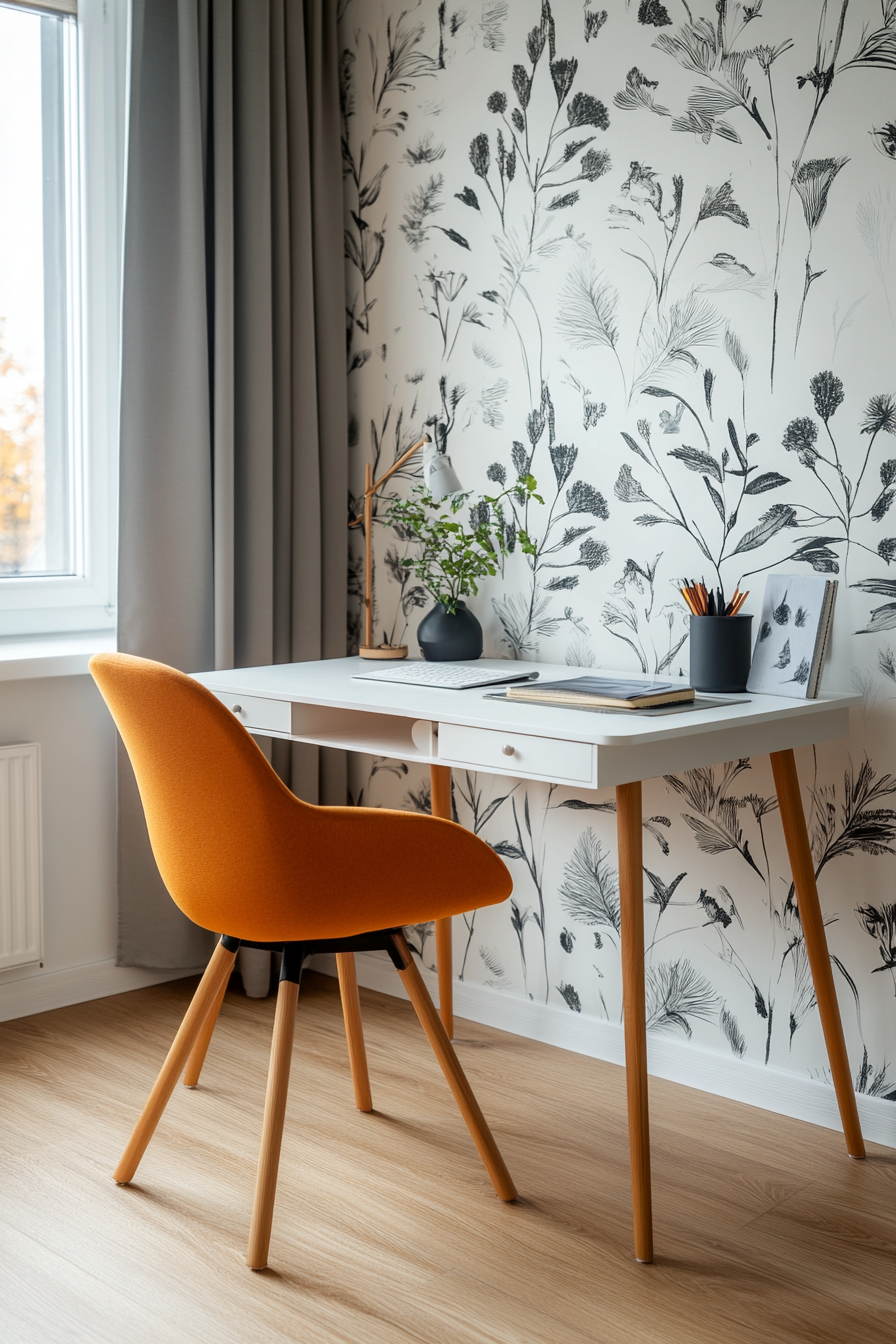 Subtle floral wallpaper behind a minimalist desk