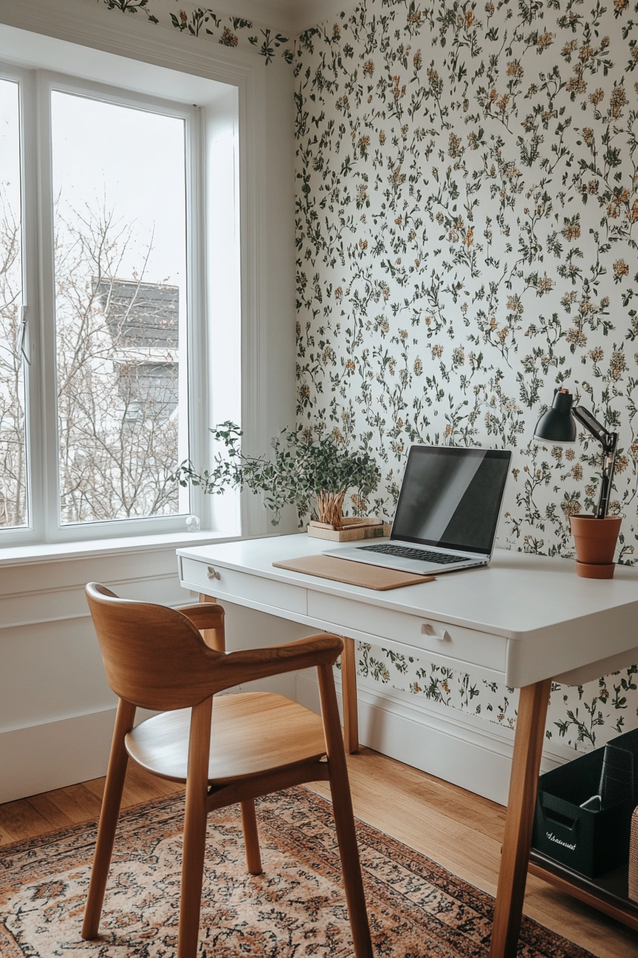 Bold geometric wallpaper for a statement desk area