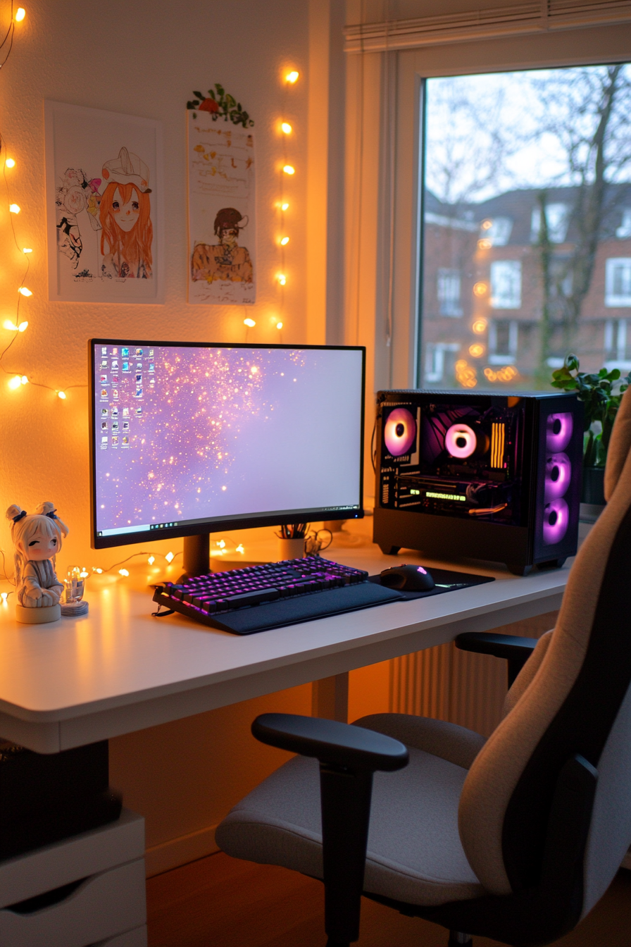 Pastel-colored gaming desk with RGB lighting and cute decor