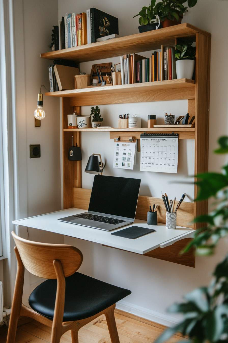 Compact fold-out desk setup in a small space
