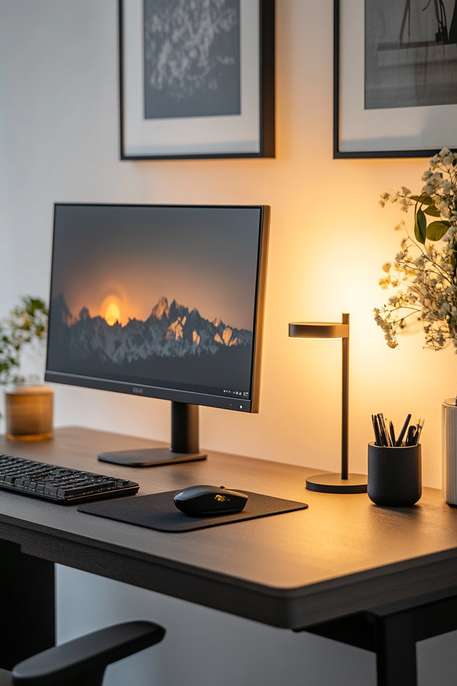 Sleek black-themed desk with modern accessories