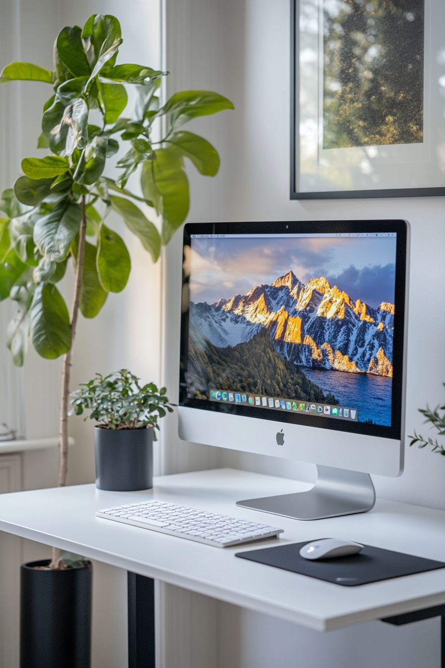 Clean, minimalist desk setup with neutral tones
