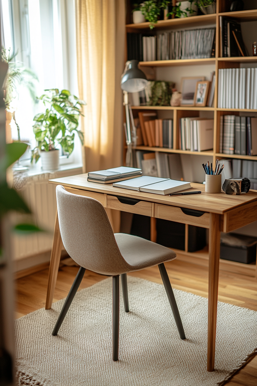 Study desk setup with plenty of storage and natural light