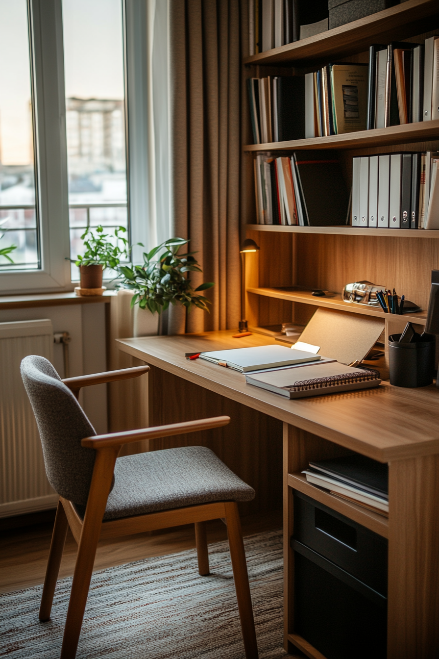 Ergonomic study desk setup with storage and plants