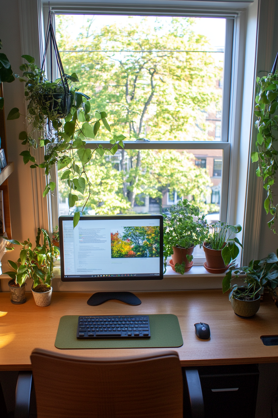 Green-themed desk with natural wood and plants