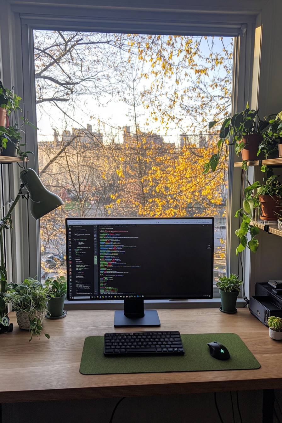 Natural green desk setup with plants and soft lighting