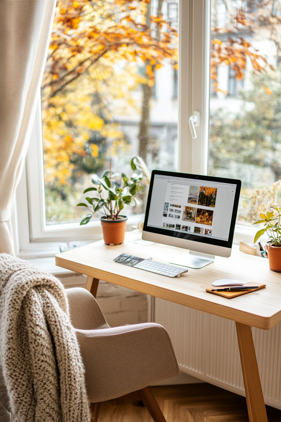 Airy desk by a window with a plant and minimal decor