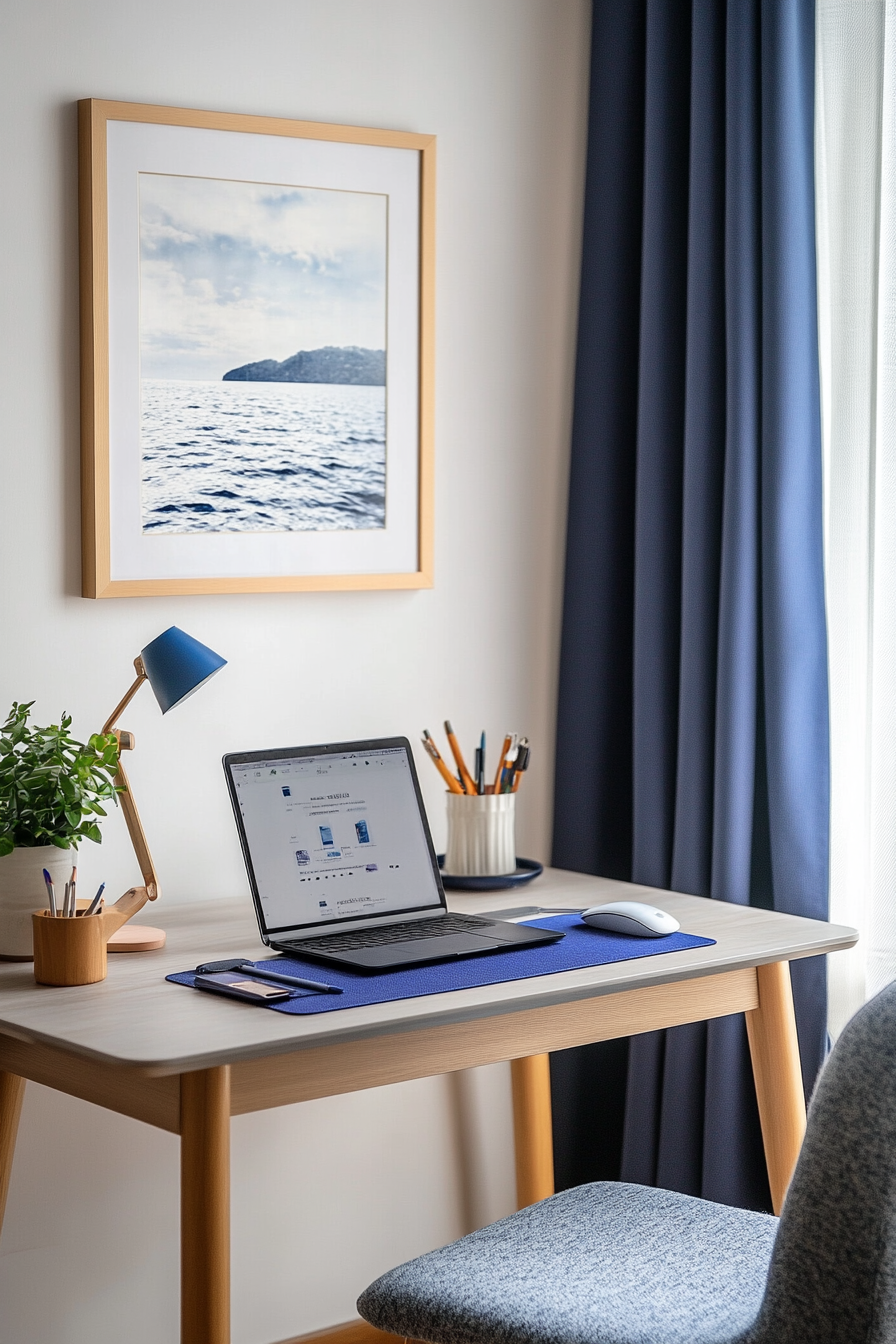 Cool blue-themed desk with calming accessories