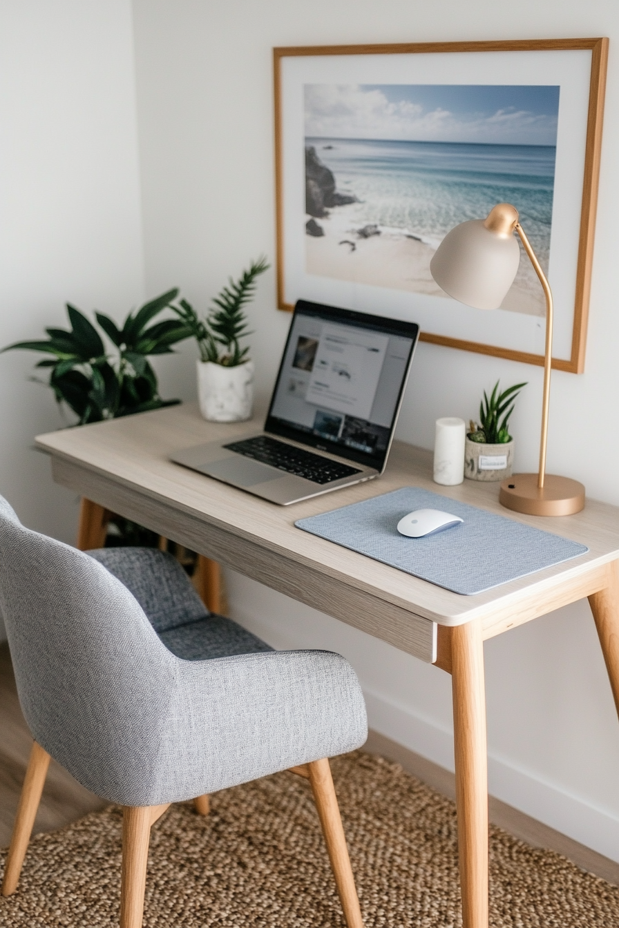 Serene blue desk setup with soft lighting and cozy textiles