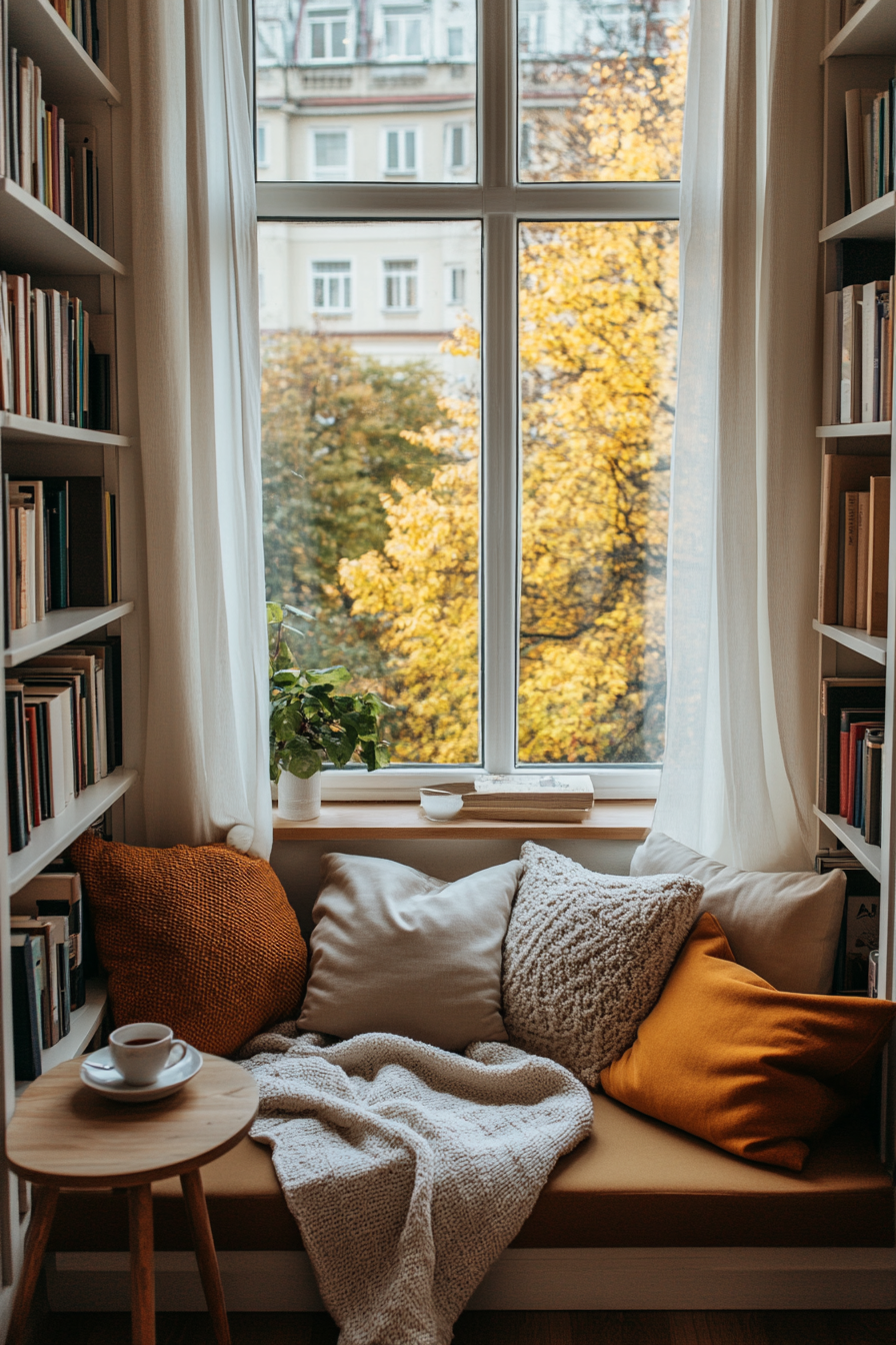 Cozy windowsill seat in a home library with natural light and plush cushions.