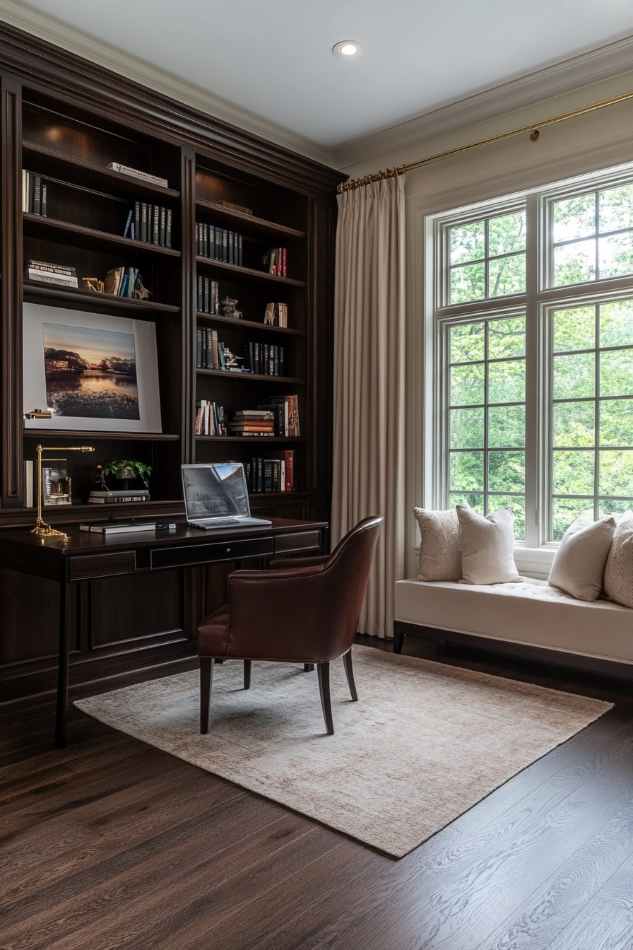 Dark wood bookshelves in a home library with brass accents.