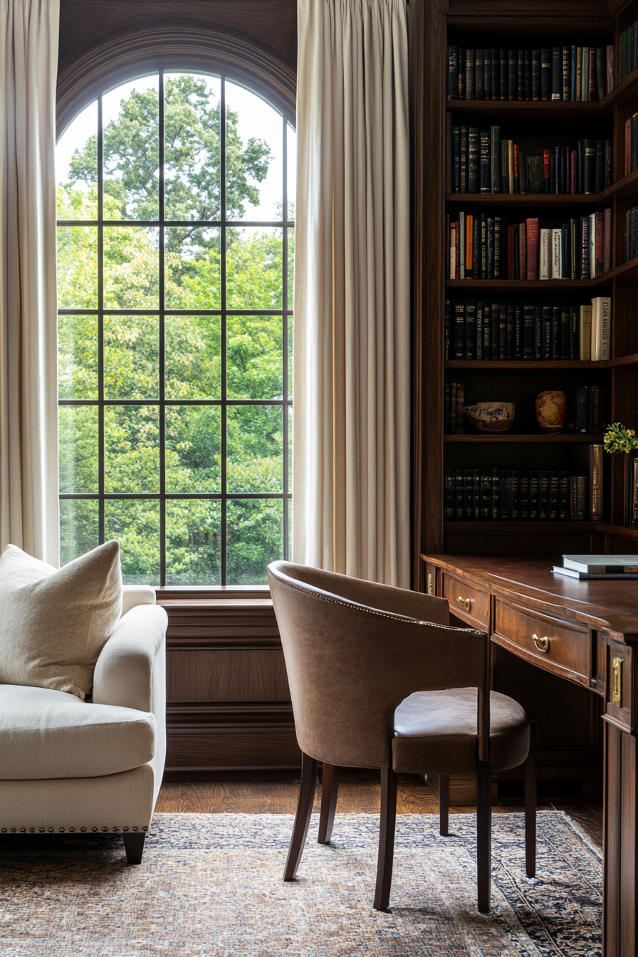 Mahogany bookshelves and dark wood furniture in a cozy home library.