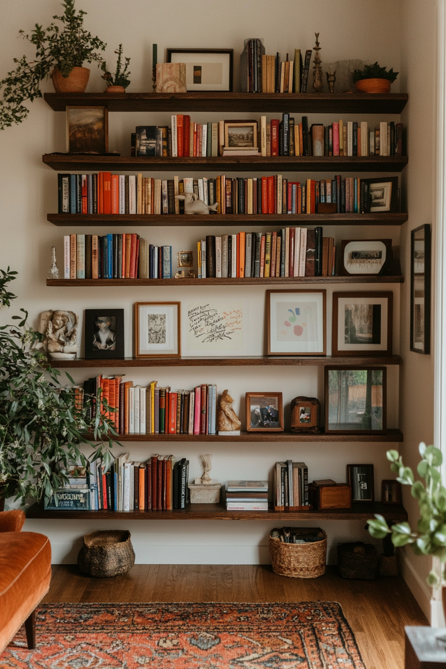 Minimalist floating shelves in a cozy home library.