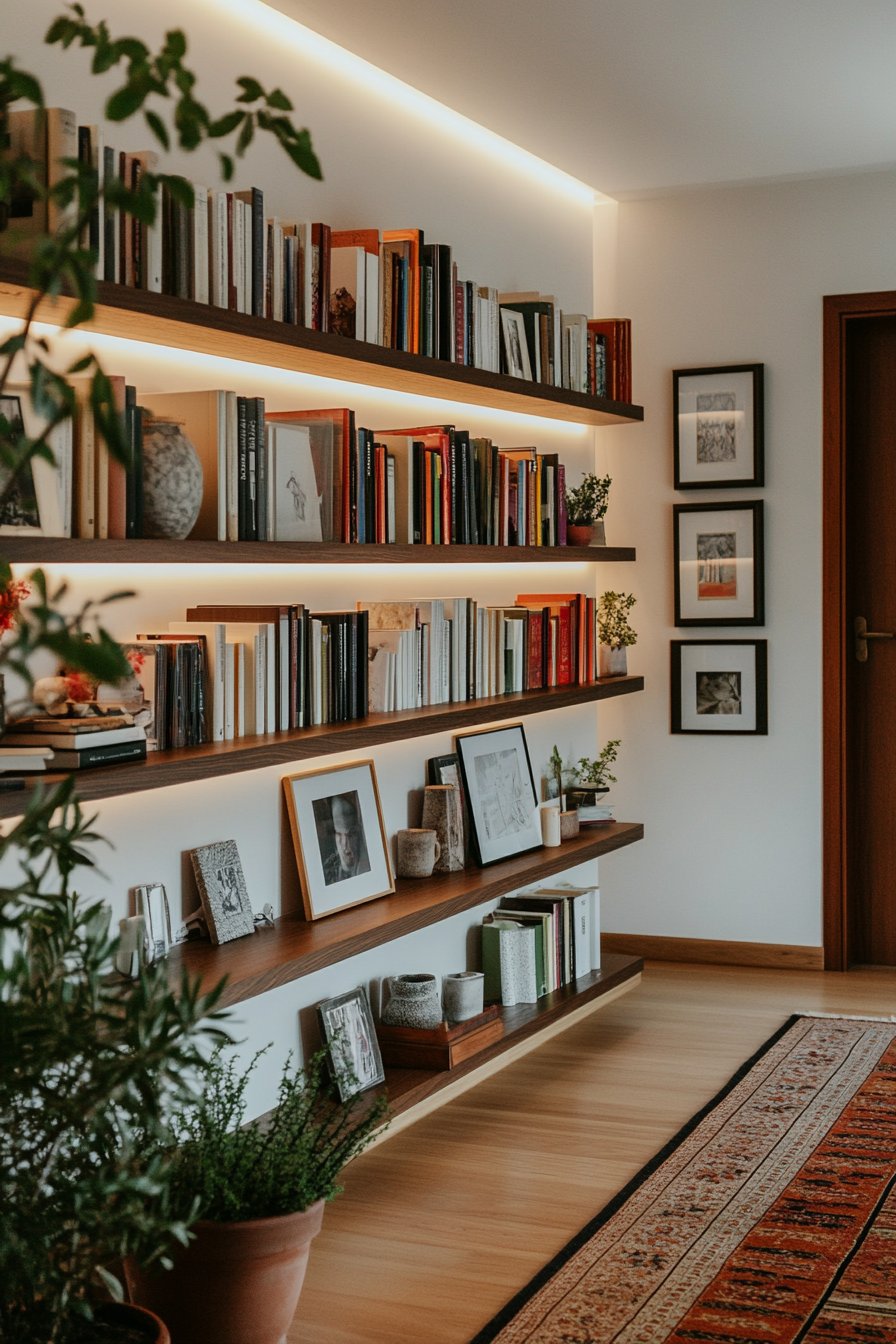 Modern floating shelves filled with books and decorative objects in a cozy home library.
