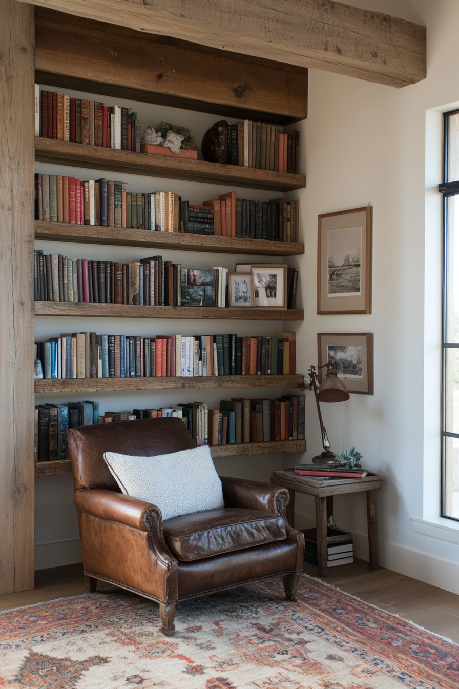 Reclaimed wood shelving in a rustic, cozy home library.