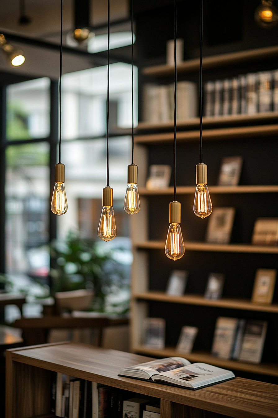 Edison bulb lighting casting a warm glow in a cozy library.