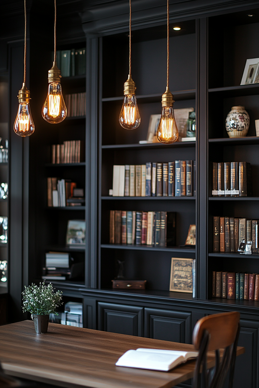 Vintage-style Edison bulb lighting in a home library with dark wood accents.