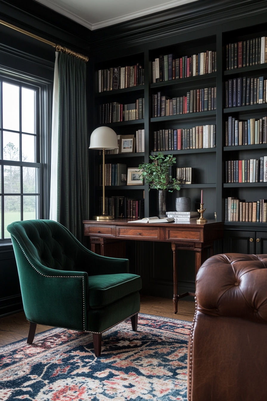 Statement furniture in a home library with velvet armchairs and a classic desk.