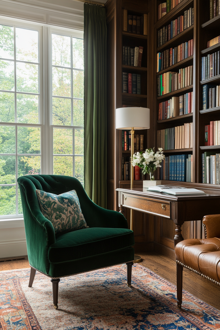 Luxurious statement velvet armchair in a cozy home library with dark wood finishes.