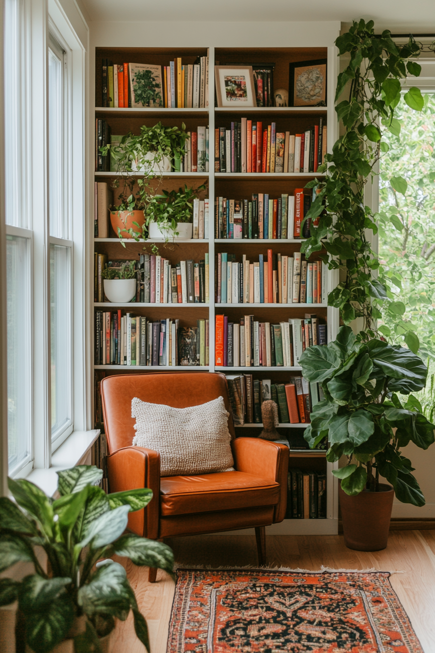 Potted plants adding greenery and freshness to a cozy home library.