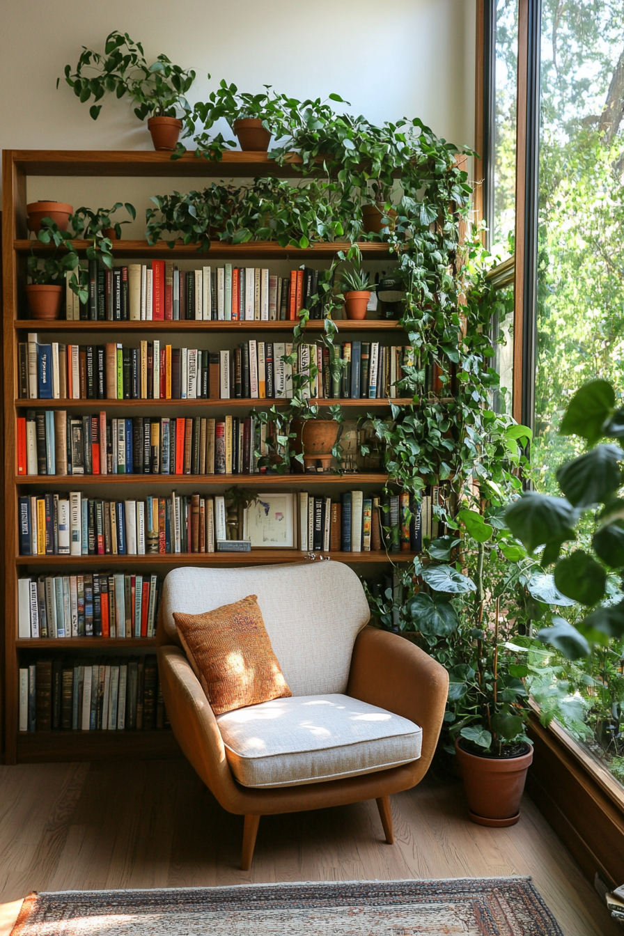 Lush potted plants scattered throughout a cozy home library for added freshness.