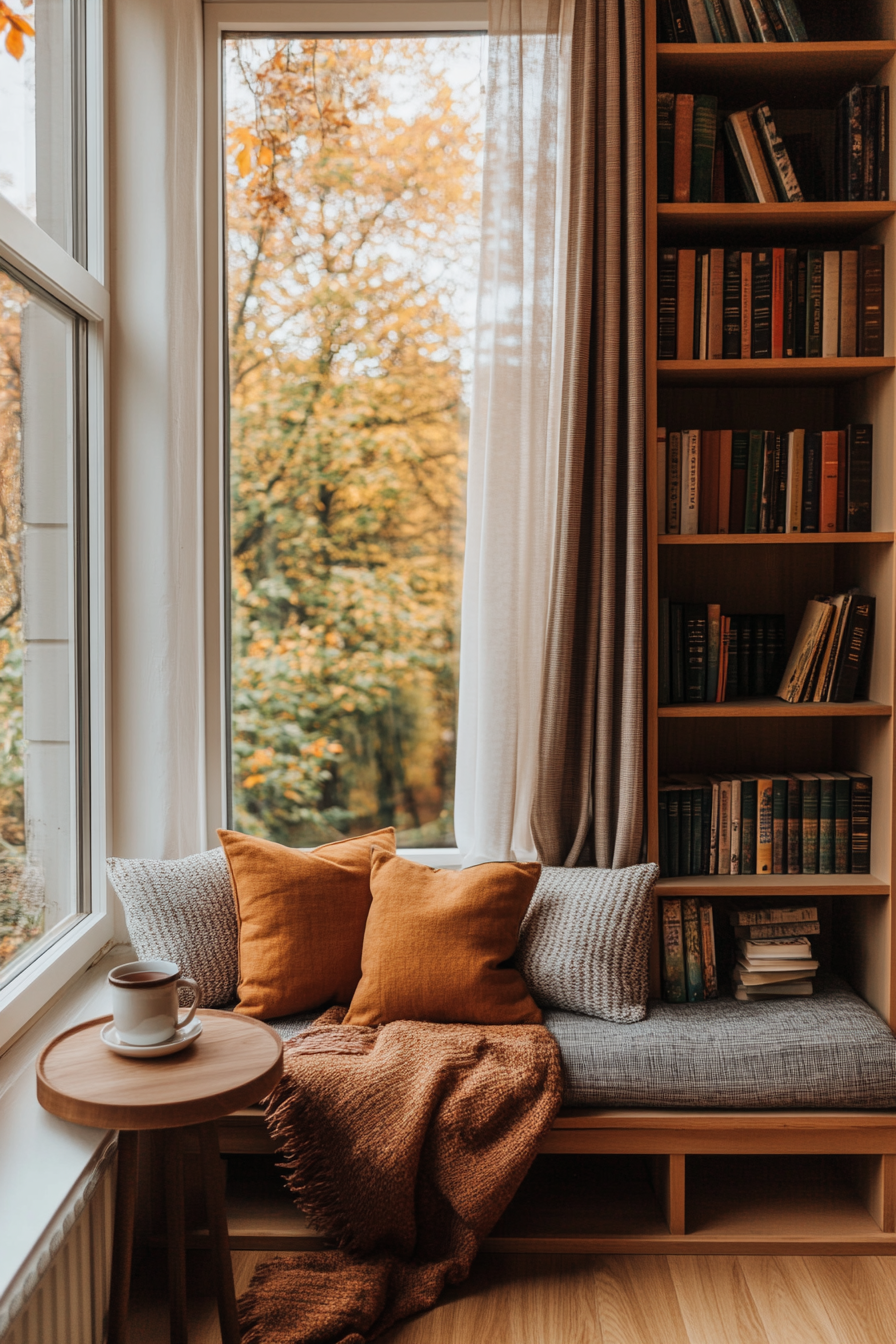 Built-in windowsill seat in a cozy home library with decorative pillows and a blanket.