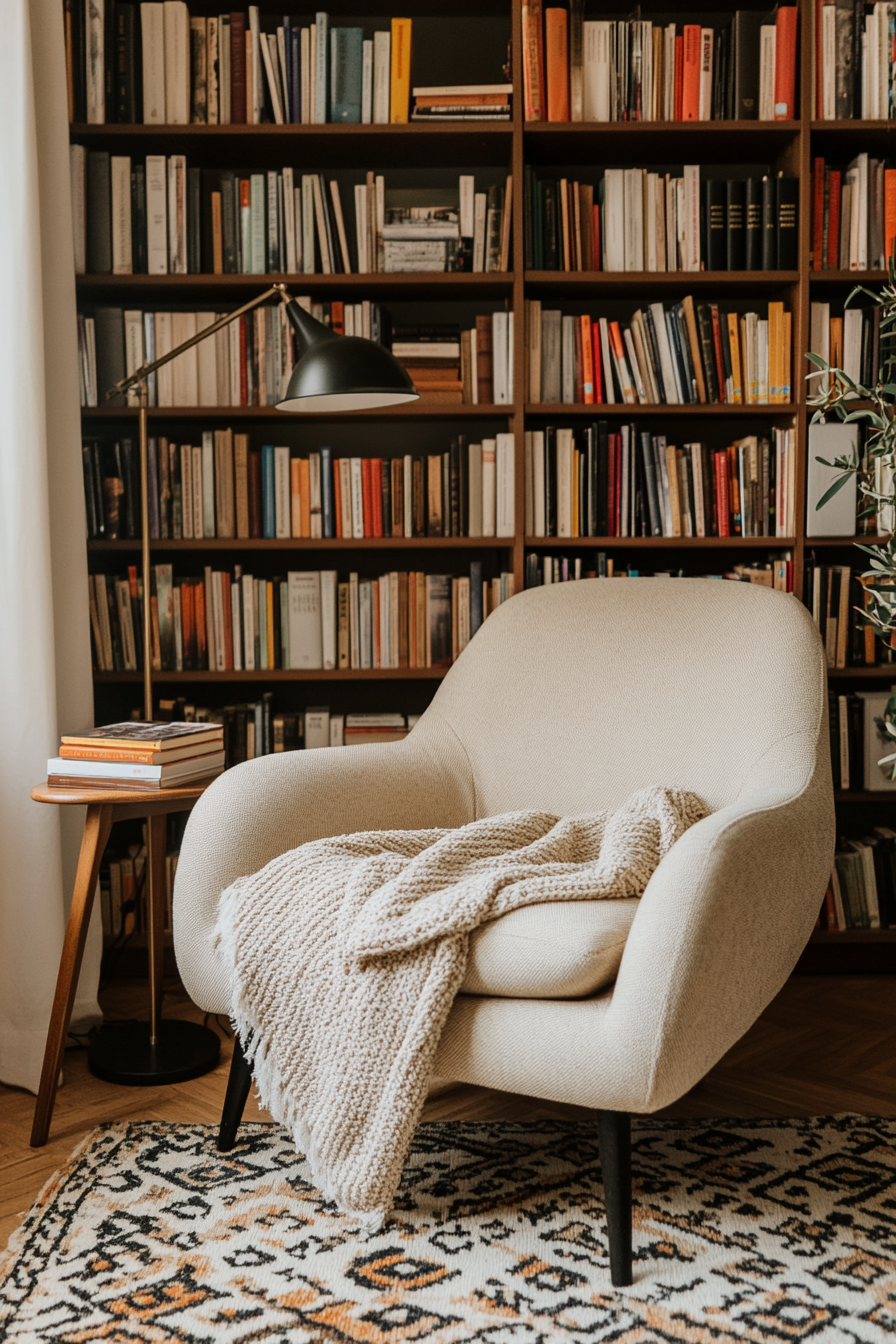 Cozy armchair in a home library with bookshelves and soft lighting.