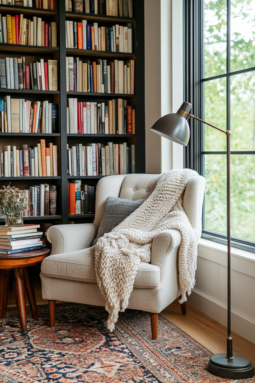 Plush armchair with a knit throw in a cozy home library.