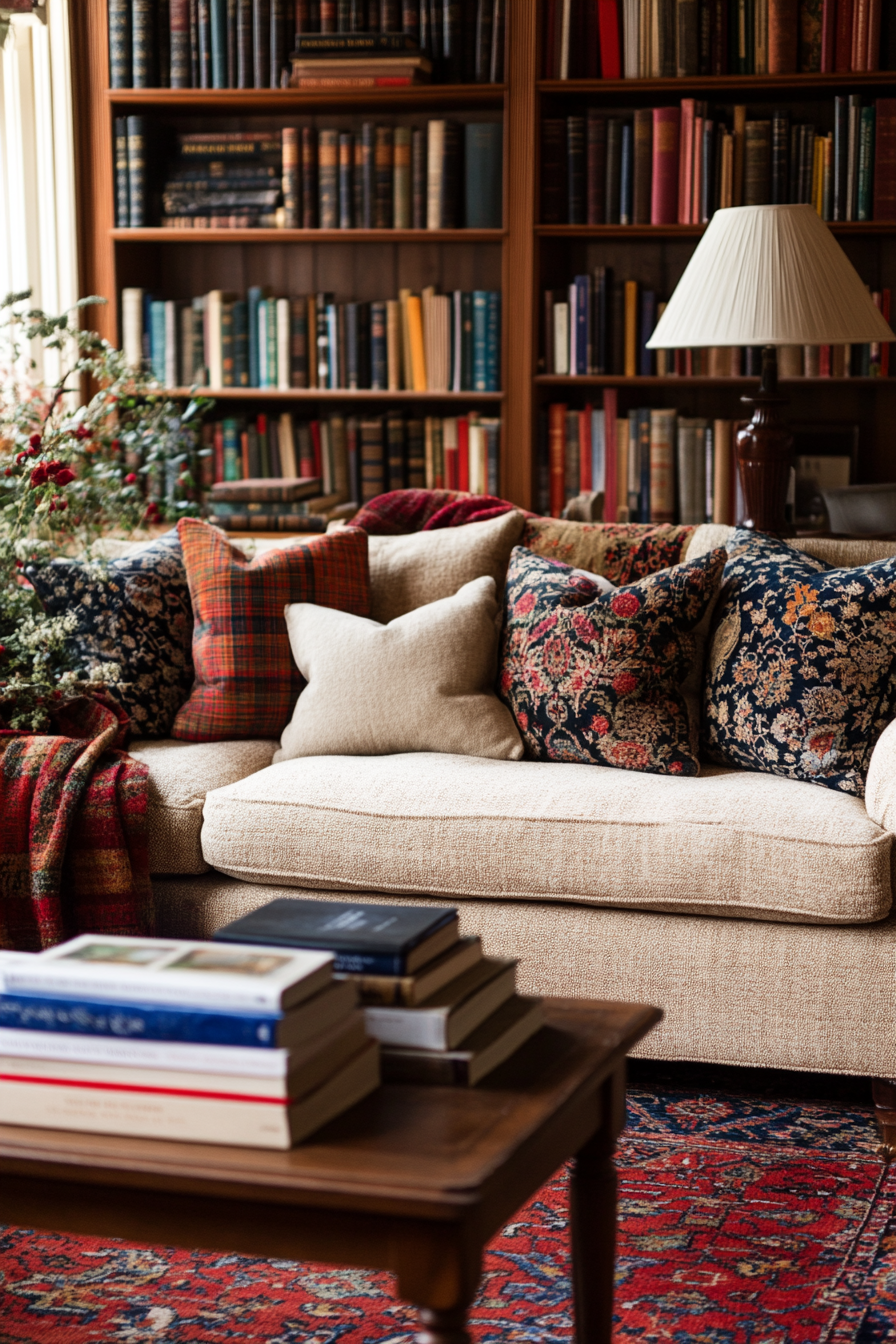 Cushions and soft furnishings in a cozy library setting with a sofa and throws.