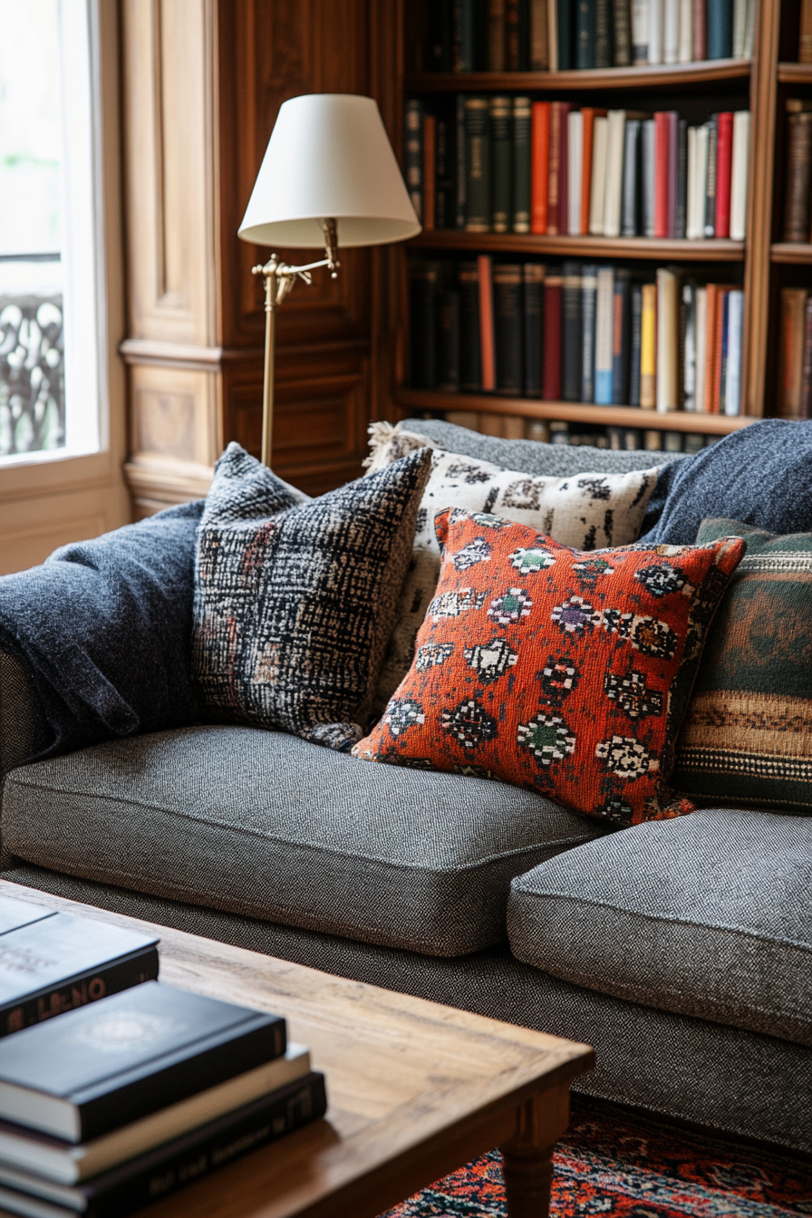 Plush cushions and throws on a sofa in a cozy home library.