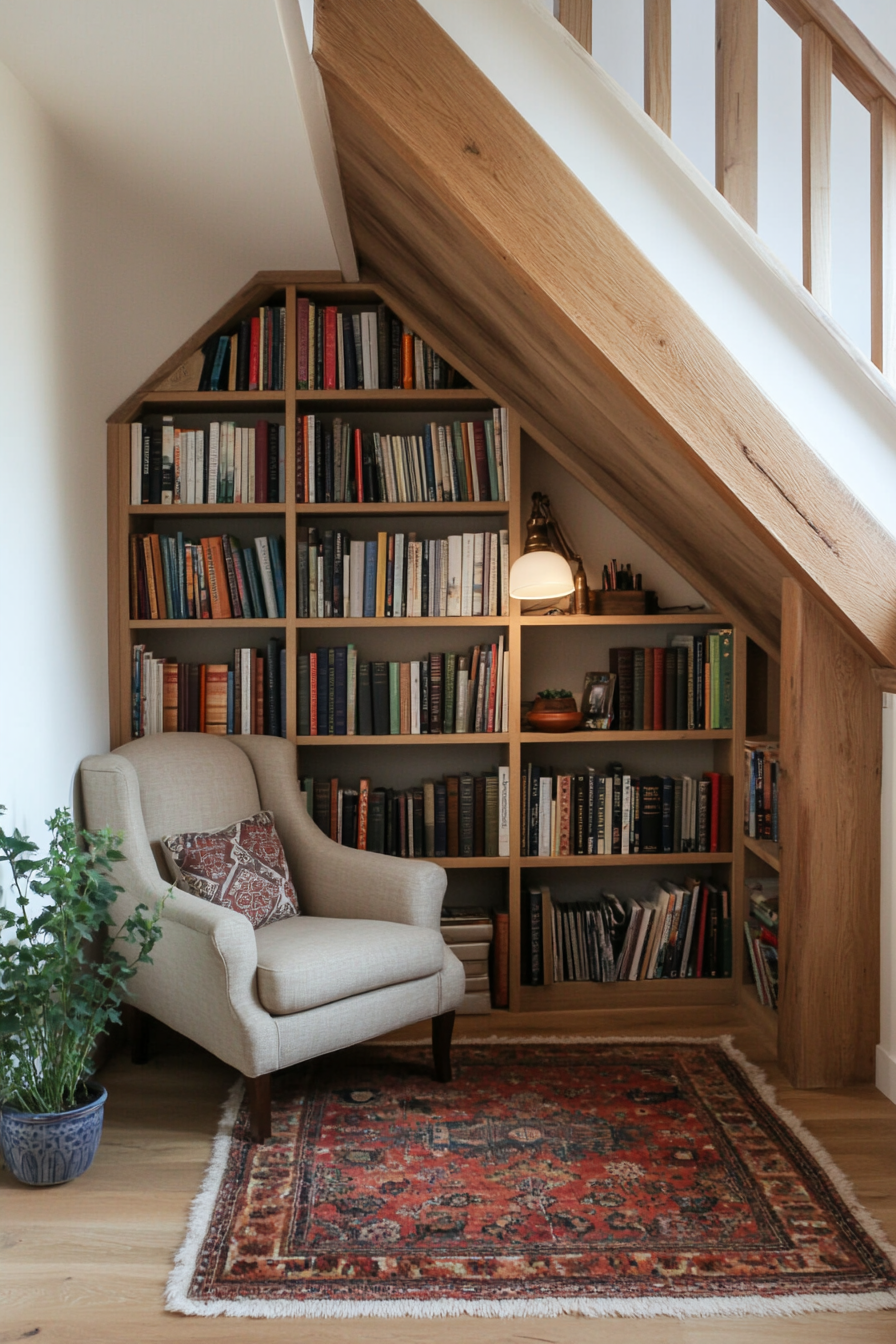 Small nook converted into a cozy library with shelves and seating.