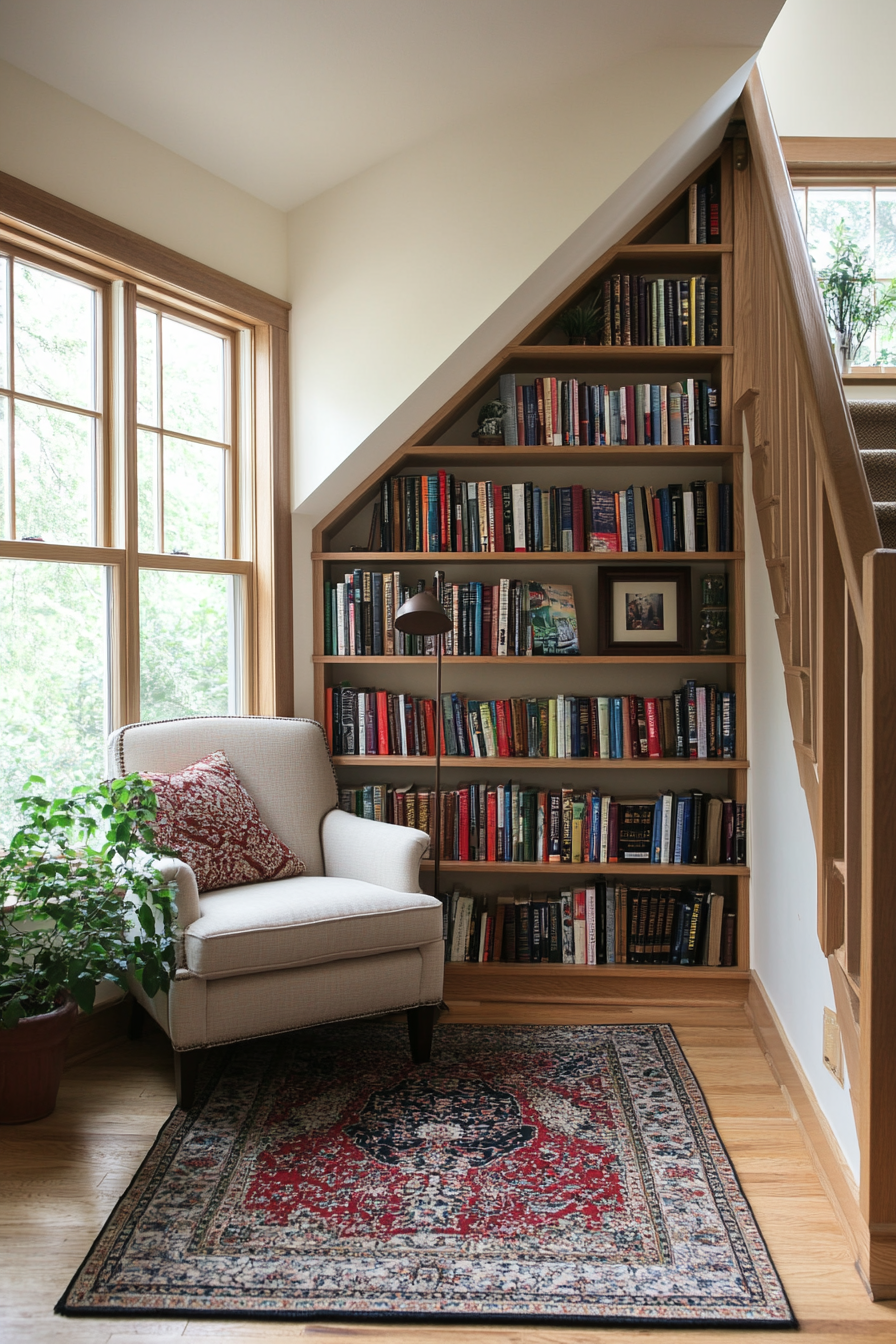 Small library space under stairs with bookshelves and armchair.