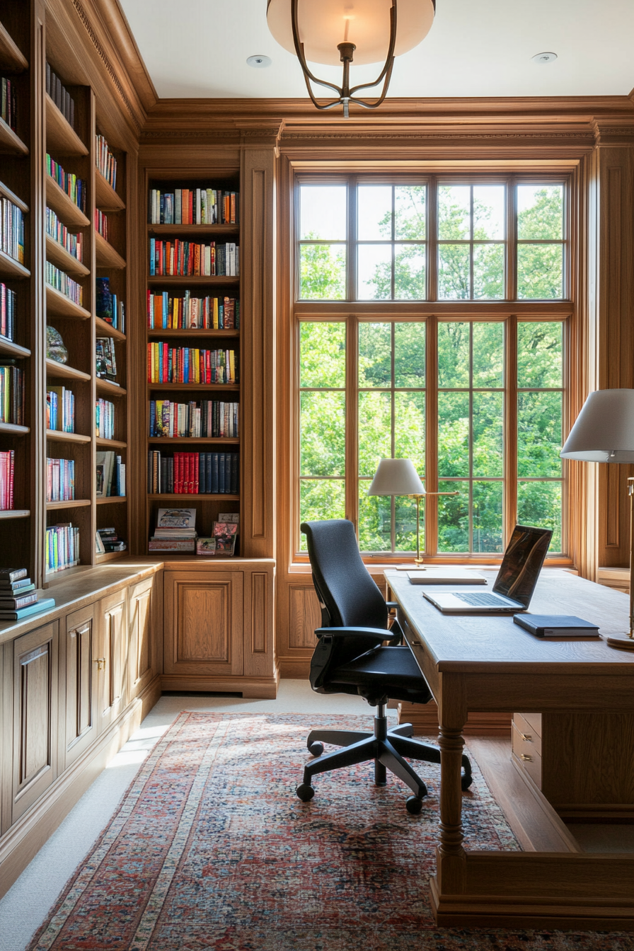 Home library and office combination with bookshelves and desk.