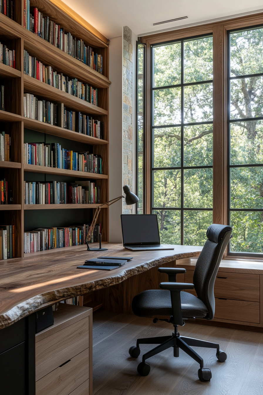 Library combined with a home office featuring a desk and bookshelves.