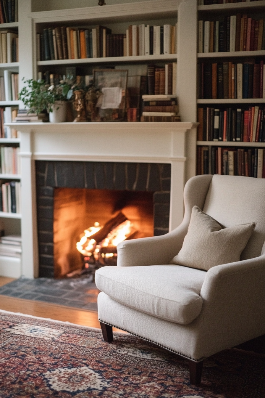 Cozy library with fireplace and surrounding bookshelves.