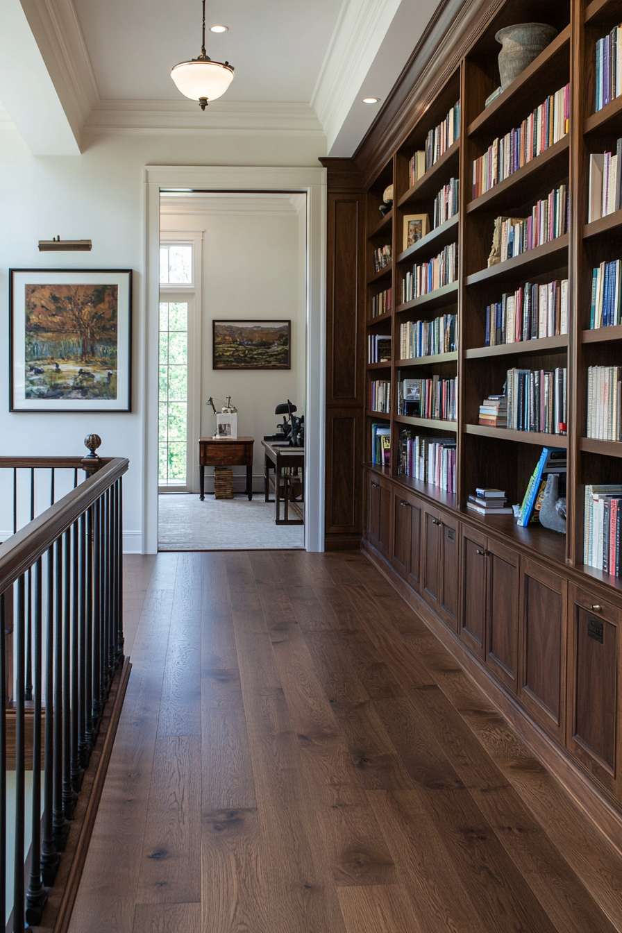 Elegant, carved bookshelves in a cozy home library with decorative objects.