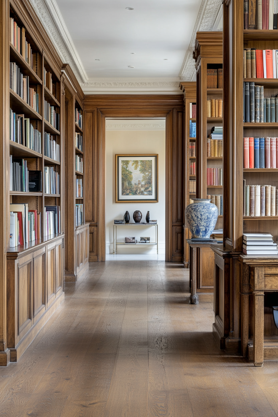 Intricately carved custom bookshelves with integrated lighting in a cozy library.