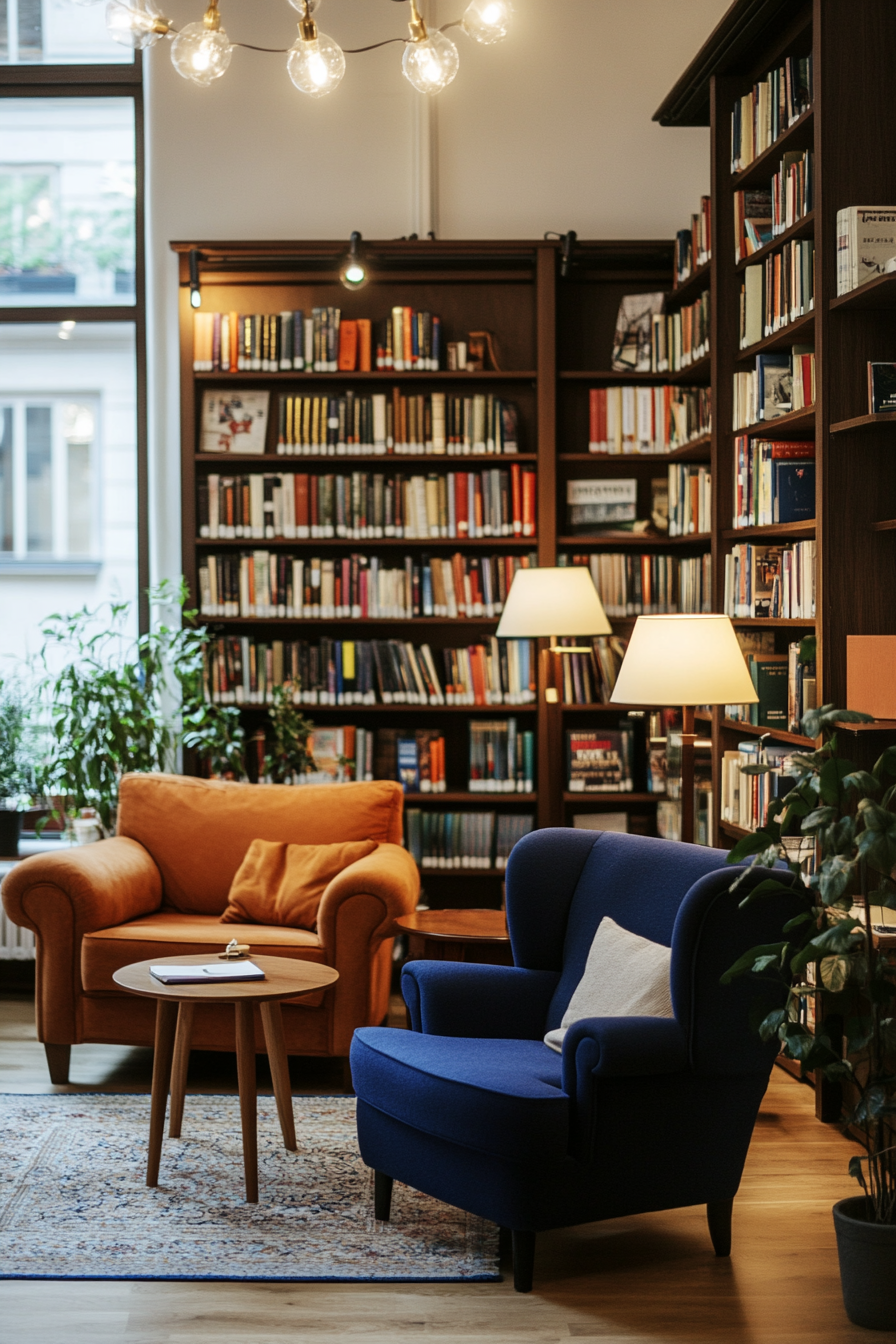 Task and accent lighting for reading in a cozy home library.